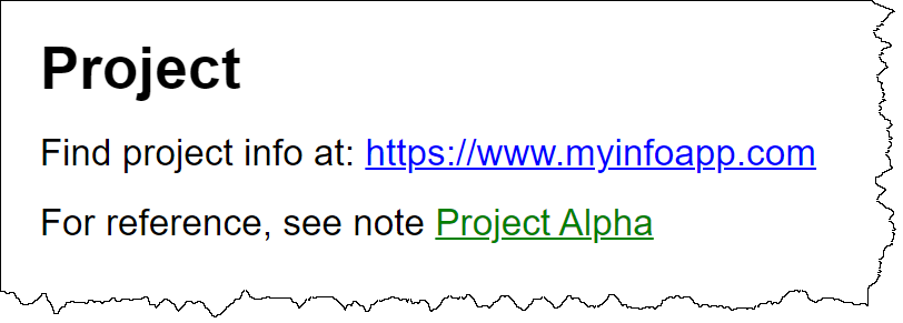 MyInfo note taking app text editor showing blue link to a web site and green  link to another note