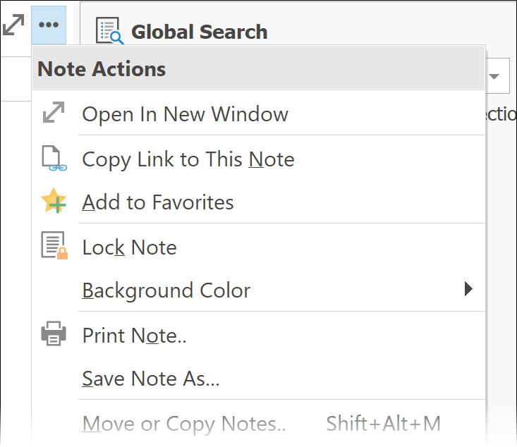 MyInfo new Note Actions menu